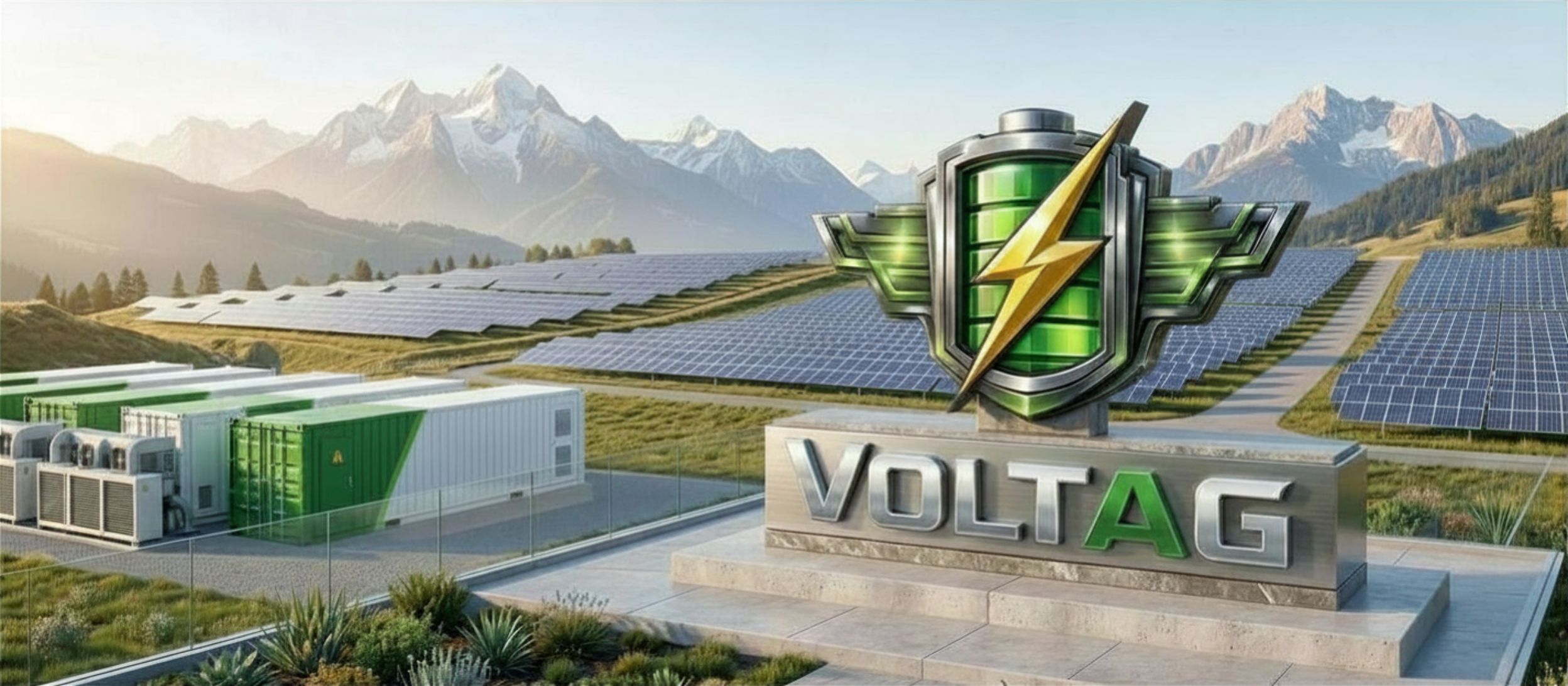 VOLTAG Logo-Monument mit Battery-Storage-Containern, Solarpark und Alpenpanorama